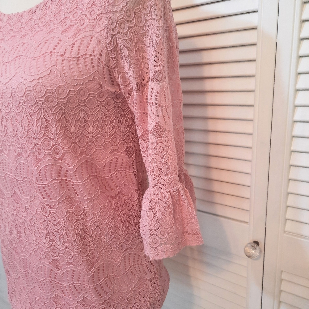 Adrianna papell pink lace bell sleeve top blouse sz small *D3 - Picture 6 of 8